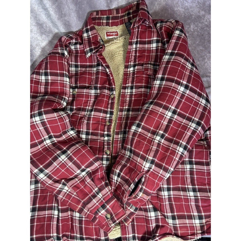 Wrangler Mens Large Sherpa Lined Flannel Shirt Jacket Red Plaid Heavyweight - Picture 2 of 4